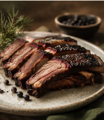 Braised short rib studded with juniper berries and rosemary
