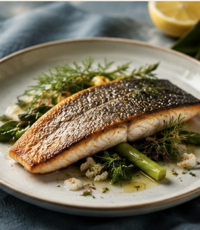 A pan-seared river trout fillet over greens